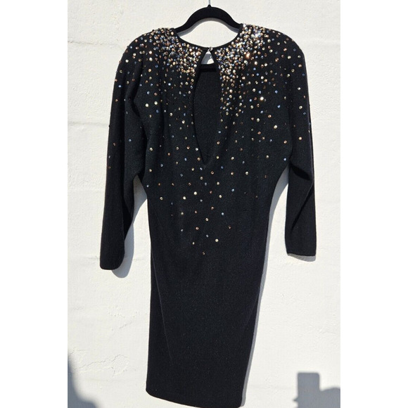 Vintage 80s Dress Small Black Gold Sequin Wool Angora Knit Retro Glam Party - Picture 2 of 7